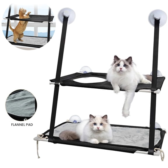OhhGo Double Layer Cat Window Perch, Cat Hammock Sturdy Cat Window Bed Perch Furniture Cat Shelf for Multiple Cats, Indoor Window Mounted, Black