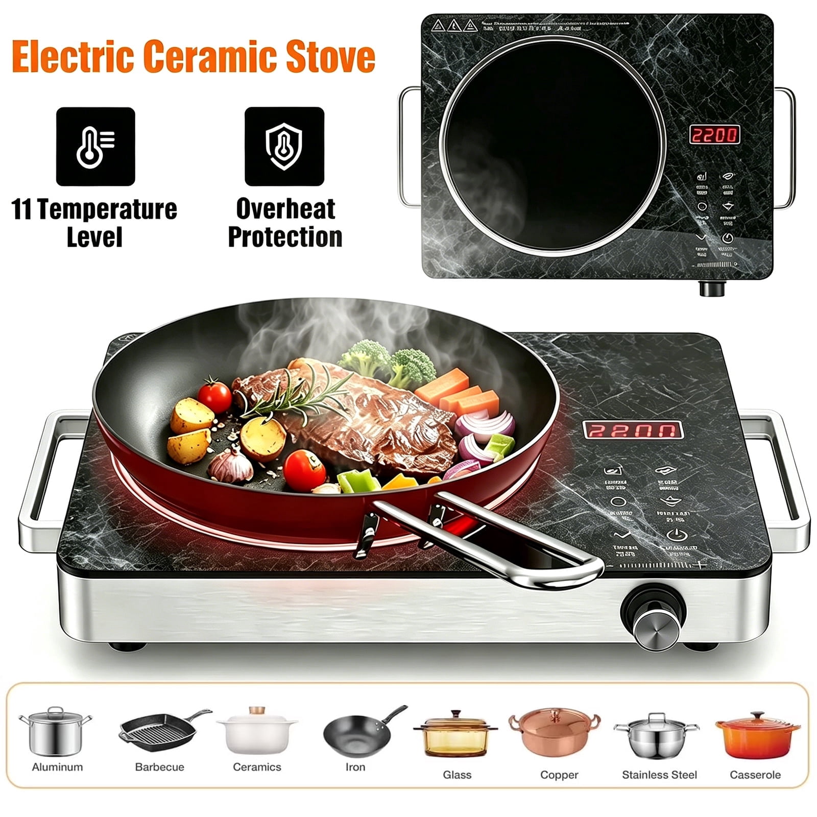OhhGo Electric Ceramic Stove, 2200W Hot Plate Infrared Induction Cooker, Home Cooktop Cooking Furnace US 110V, Portable Cooker Cooktop Burner with 2 Handle, Black