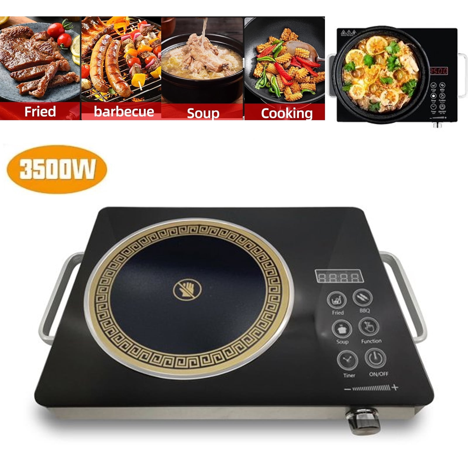 OhhGo Electric Ceramic Stove, 3500W Hot Plate Infrared Induction Cooker, Home Cooktop Cooking Furnace US 110V, Portabel Electric Stove Burner with 2 Handle, Knob Control, Timer, Safety Lock, Black