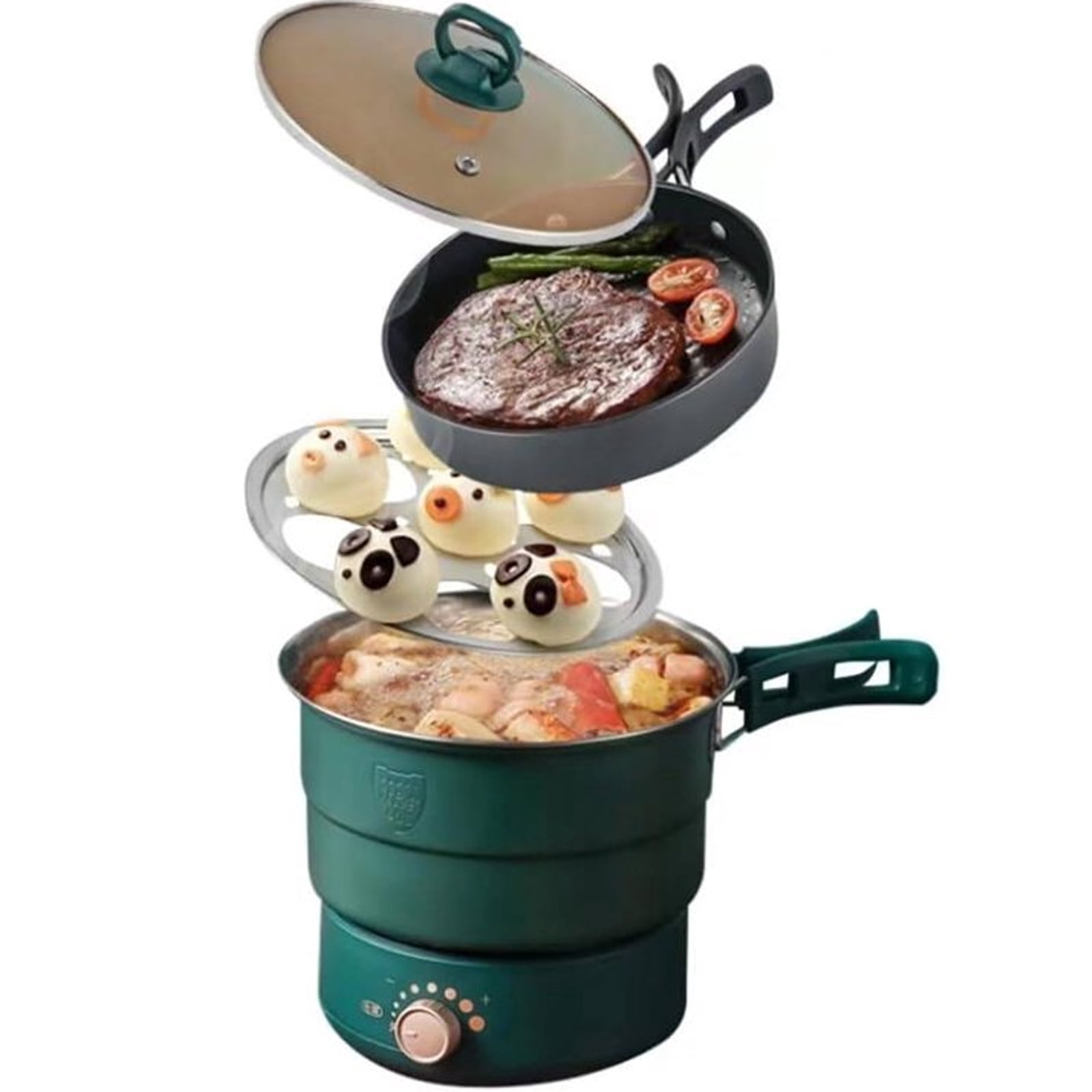 OhhGo Electric Hot Pot, Folding Non-Stick Cooking Hot Pot Noodles Cooker Portable Folding Travel Electric Hot Pot Kettle with Grill Pan for 1-2 People Pasta, Dumplings, Soup, Green