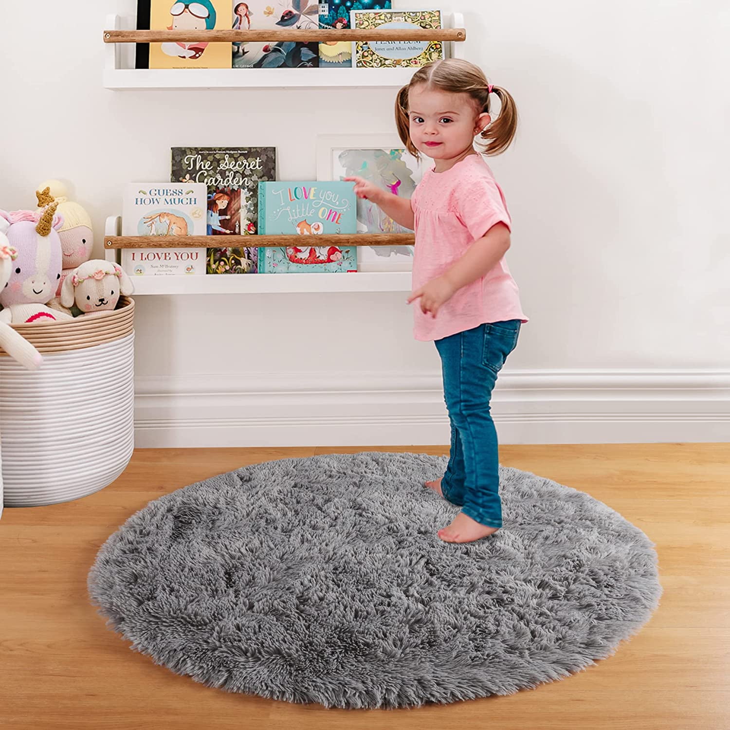OhhGo Gray Round Area Rug, Circle Rugs, Small Fluffy Shaggy Carpets