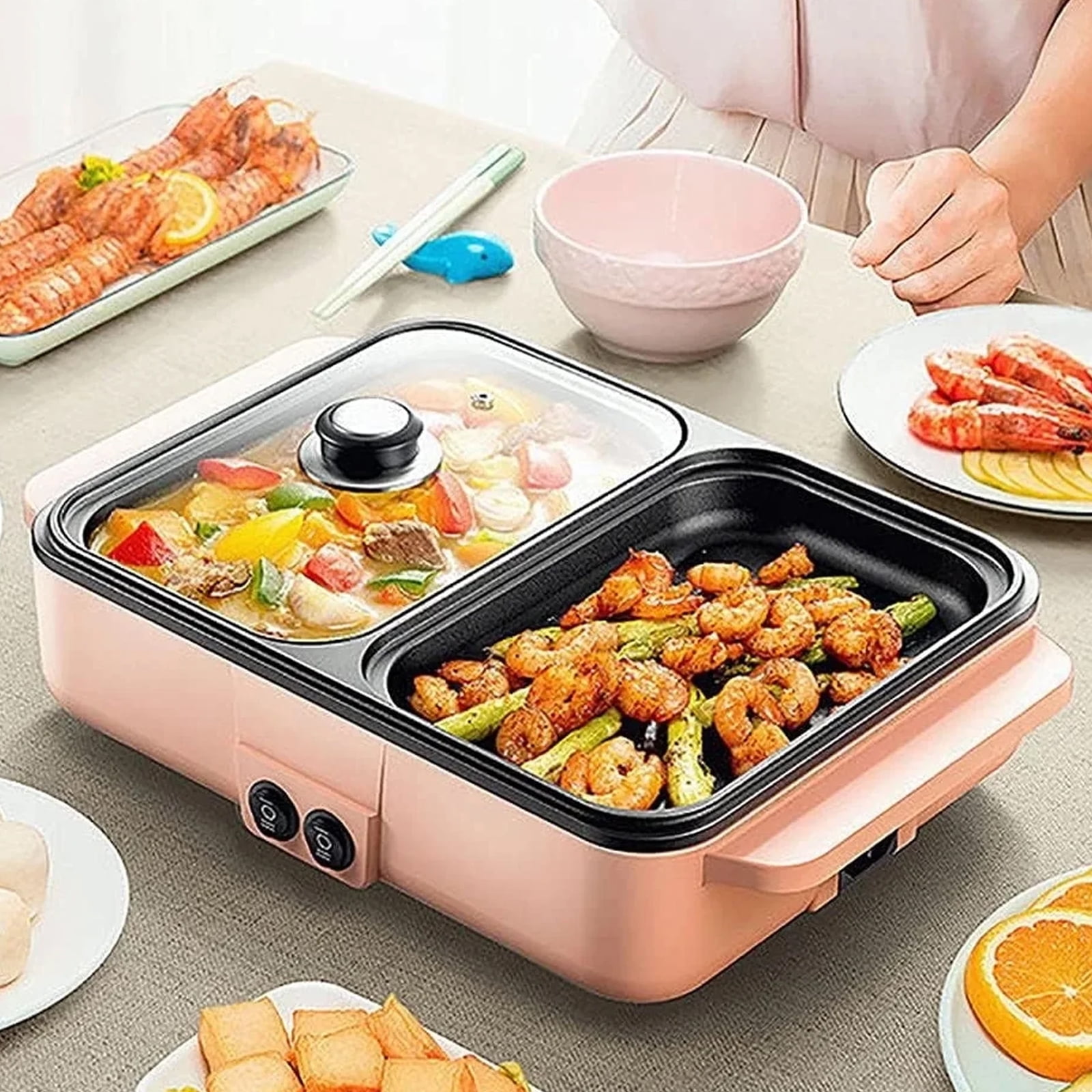 OhhGo Hot Pot with Grill,2 in 1 Indoor Non-Stick Electric Hot Pot and Frying Pan,Independent Temperature Control,Portable Multifunctional Smokeless Korean BBQ Grill for Indoor Outdoor Party