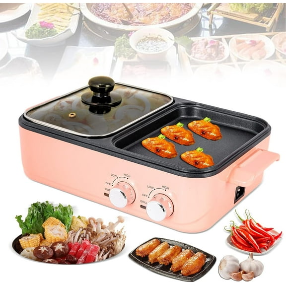 OhhGo Hot Pot with Grill, 2 in 1 Non-Stick Electric Hot Pot and Frying Pan, Independent Temperature Control, Multifunctional Smokeless Korean BBQ Grill for Indoor Outdoor Party