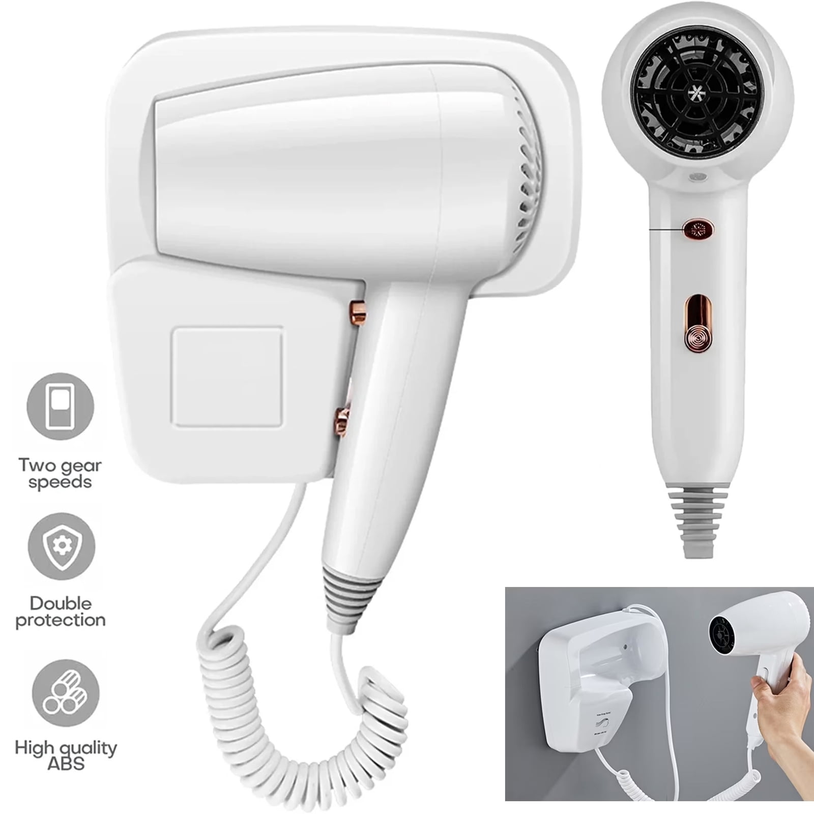 OhhGo Hotel Wall Mount Hair Dryer, Hairdryer Bathroom Accessories with Rack Negative Ion Blower Strong Wind Drying Tools, Blow Dryer for Home Bathroom Toilet Salon, 1600W, White