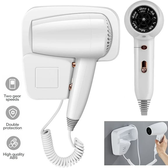 OhhGo Hotel Wall Mount Hair Dryer, Hairdryer Bathroom Accessories with Rack Negative Ion Blower Strong Wind Drying Tools, Blow Dryer for Home Bathroom Toilet Salon, 1600W, White