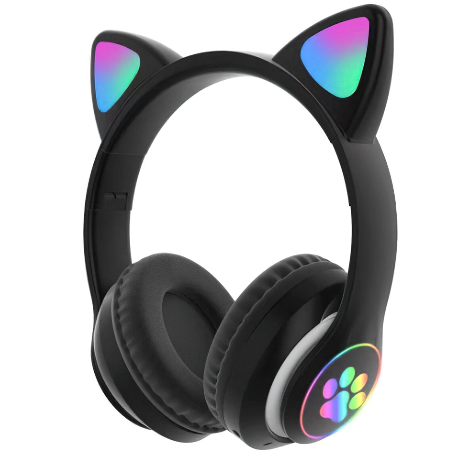 Kids Headphones, Cat Ear Wireless Headphones, LED Light Up Bluetooth over on Ear Black Headphones for Toddler Boy Girl Teen Children With Microphone for Phone/Tablet/Laptop/School Christmas Gift