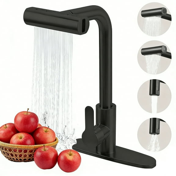 OhhGo Kitchen Faucet with Pull Down Sprayer, Waterfall Touch Single Hole Stainless Steel Sink Faucet, Commercial Utility Single Handle Faucets with 3 Function for Kitchen Sinks Black