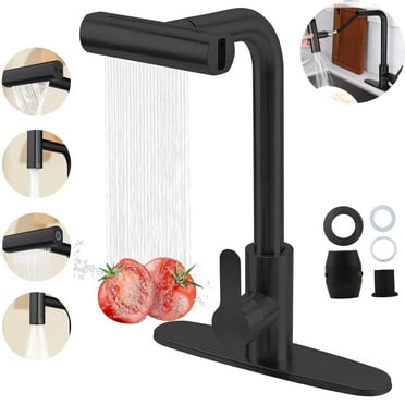 OhhGo Kitchen Faucet with Pull Down Sprayer, Waterfall Touch Single Hole Stainless Steel Sink Faucet, Commercial Utility Single Handle Faucets with 3 Function for Kitchen Sinks Black