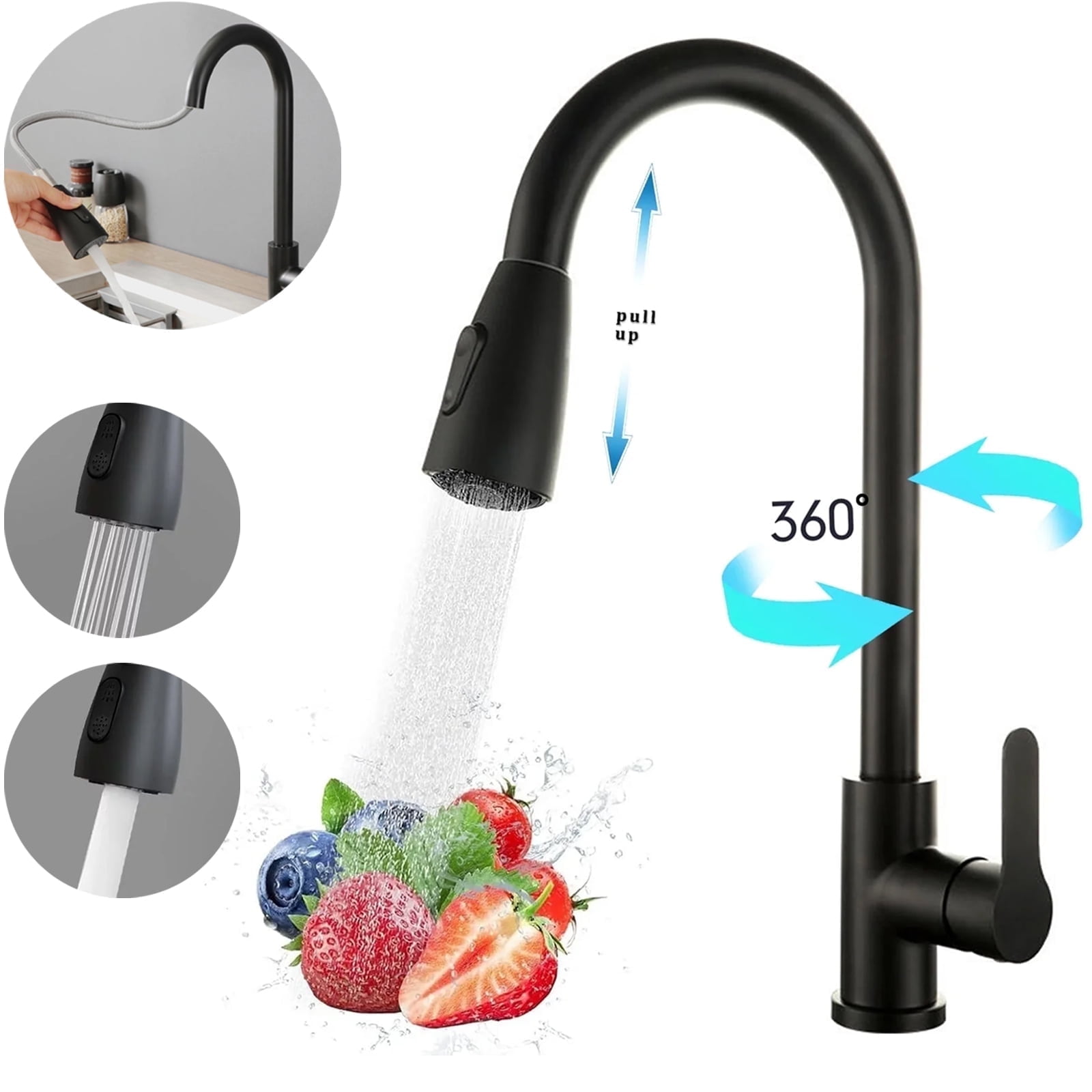OhhGo Kitchen Faucets with Pull Down Sprayer, Kitchen Sink Faucet Stainless Steel Single Handle Kitchen Faucets or Farmhouse Camper Laundry Utility Wet Bar, Black