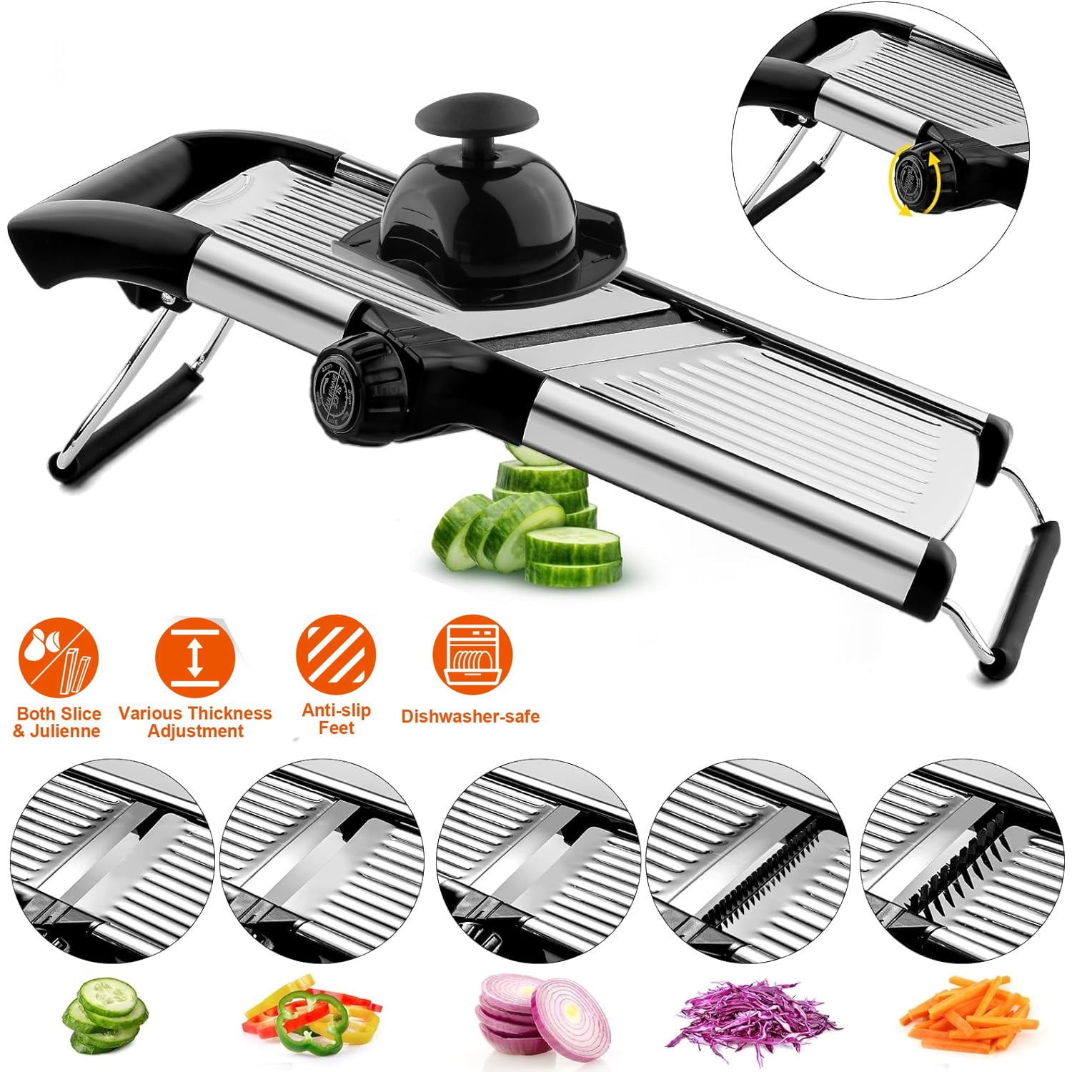 Hinzonek Mandoline Food Slicer, Adjustable Stainless Steel Vegetable Slicer with Hand Guard, Fruit Vegetable Onion Potato Julienne Chopper Slicer