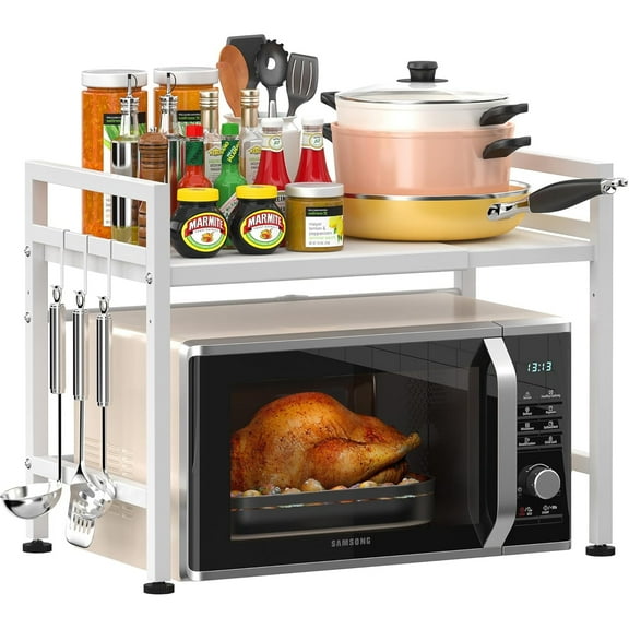 OhhGo Microwave Oven Rack, 2-Tier Expandable Microwave Stand, Carbon Steel Kitchen Countertop Organizer Supplies Rice Cooker Stand, for Kitchen Counter Utensils, White