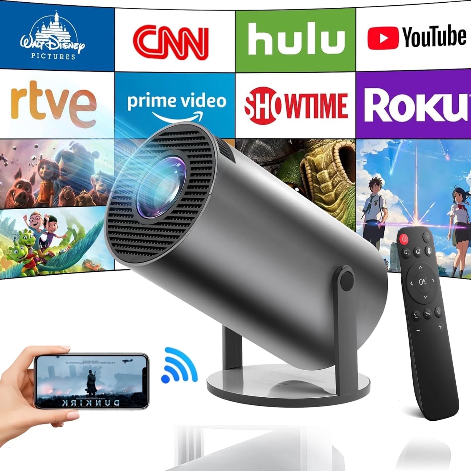 HIPPUS Smart Mini Projector With 180° Stand - 1080P/4K, WiFi 6, Bluetooth 5.2, Android 11