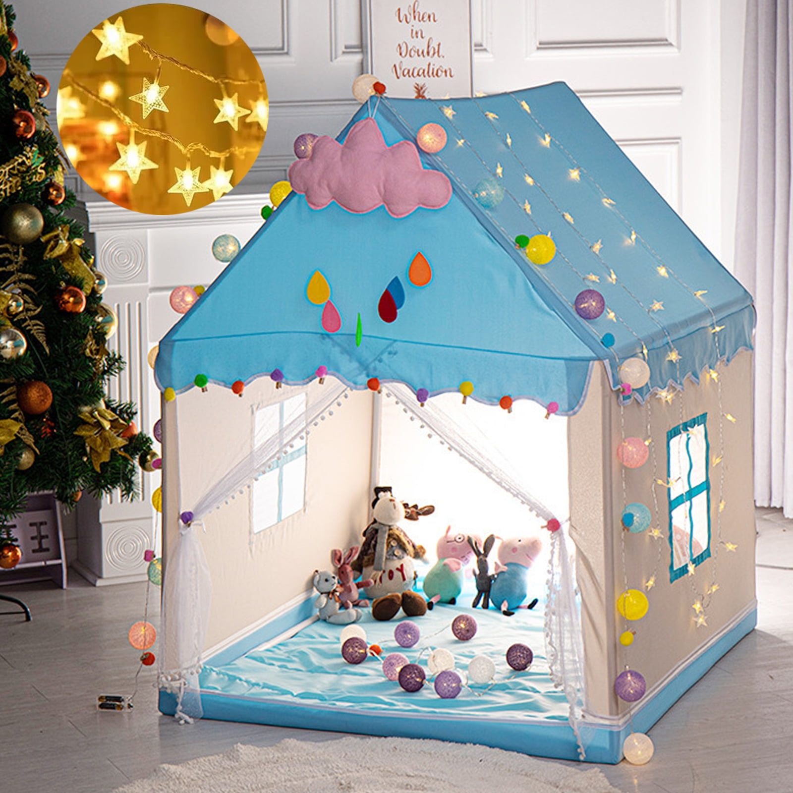 OhhGo Princess Tent Girls Large Playhouse, Kids Play Tent with Ball Lights Star Lights Windows for Toddlers Kids Tents Indoor Playhouse Princess Tent for Girls Toy House Gift, Blue