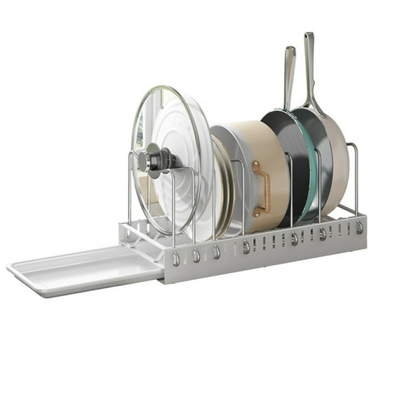 OhhGo Pull Out Pot and Pan Organizer Rack for Under Cabinet, Sliding Lid Holder and Pan Rack in Kitchen, Slide Out Inside Cabinet Storage for Pot Lid, Bakeware, Dishes, 9 Adjustable Dividers, White