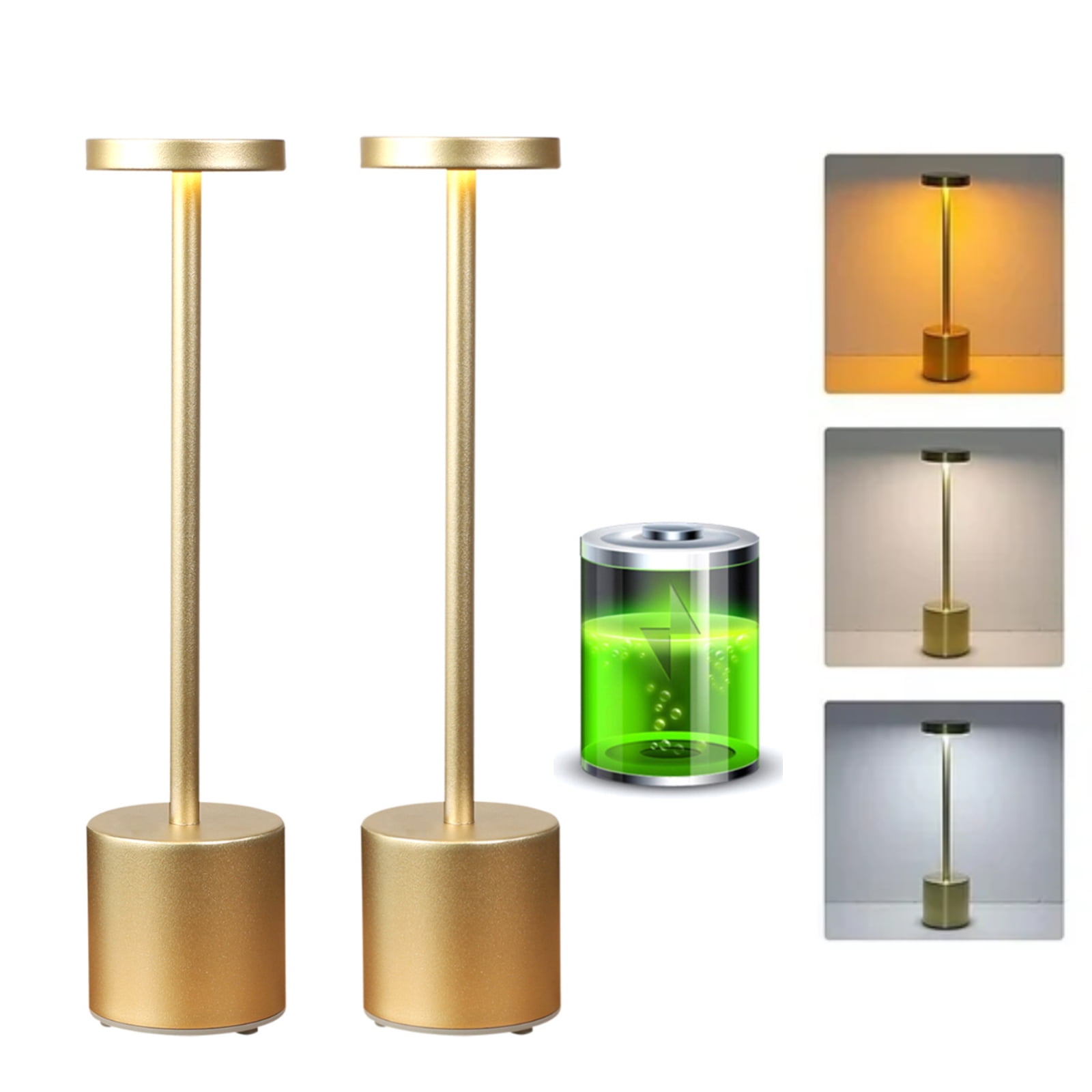OhhGo Rechargeable Cordless LED Table Lamp, Portable LED Touch Lamp 3 Level Dimmable Tables Lights Reading Lamps 5200mah Battery Powered USB Bedside Lamps Decoration Lights（2 Pcs Gold)