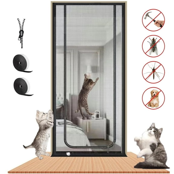 OhhGo Reinforced Cat Screen Door, 31.5X82.6'' Heavy Duty Pets Proof Screen Door with Bilateral Zipper, Prevent Dogs Cats Running Out from Home, Bedroom, Kitchen Patio Door, Black