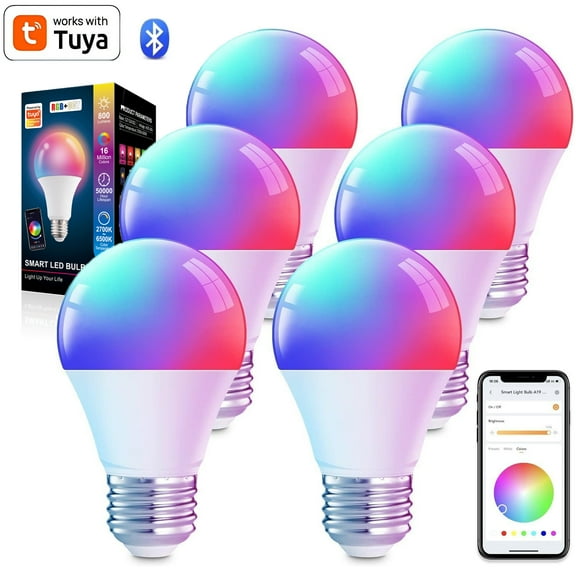 OhhGo Smart Light Bulbs, RGB Color Changing Light Bulbs with Bluetooth App Control, E27 A19 LED Light Bulb Compatible with Tuya for Bedroom Party (6 Pack)