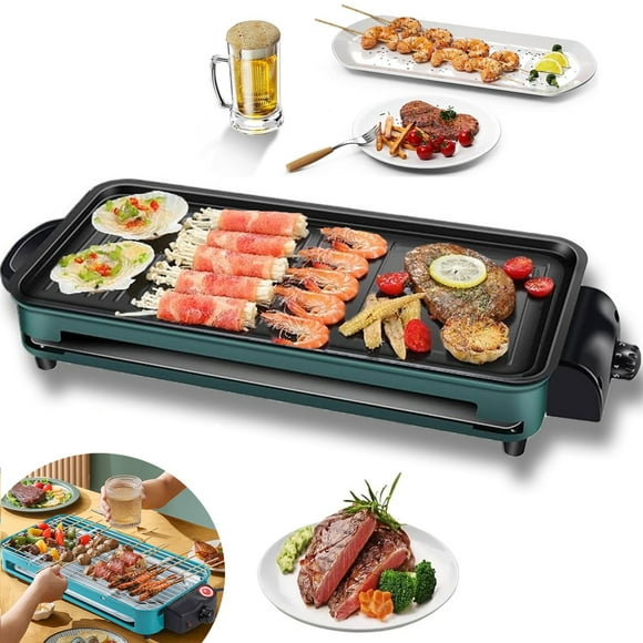OhhGo Smokeless Indoor Electric Grill BBQ Grill, 2 in 1 Nonstick Electric Griddle with BBQ Grill Net Adjustable Temperature, 1350W Fast Heat Up Indoor Grill Hot Pot for Party Camping Cooking, Green
