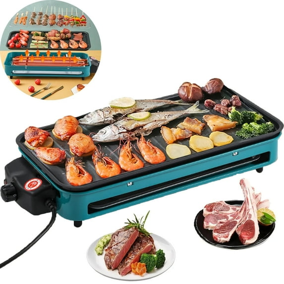 OhhGo Smokeless Indoor Electric Grill BBQ Grill, 2 in 1 Nonstick Electric Griddle with BBQ Grill Net Adjustable Temperature, 1350W Fast Heat Up Indoor Grill Hot Pot for Party Camping Cooking, Green