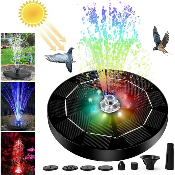 OhhGo Solar Fountain Pump Bird Bath Fountain with LED Light Top Rotating Stick & 7 Nozzle, Solar Powered Water Fountain Pump for Bird Bath, Garden, Pond, Swimming Pool and Aquarium