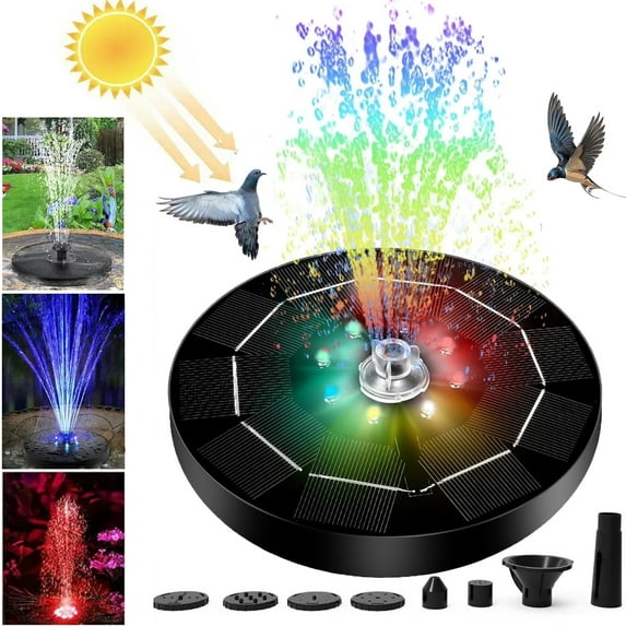 OhhGo Solar Fountain Pump Bird Bath Fountain with LED Light Top Rotating Stick & 7 Nozzle, Solar Powered Water Fountain Pump for Bird Bath, Garden, Pond, Swimming Pool and Aquarium