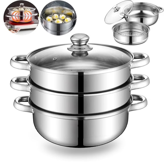 OhhGo Steamer for Cooking, 11 inch Stainless Steel Steamer Pot, 3 Tier Food Steamer Steam Pots with Lid for Kitchen Cooking Vegetables, Seafood, Soups, Stews and Pasta
