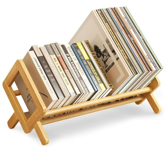 OhhGo Wood Desktop Bookshelf, Small Bookcase Organizer Tilting Bookshelves Storage Rack Display Stand for Living Room/Office Supplies Storage for CDs/Magazine/Books, Wood Color, 19.7 Inches