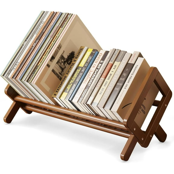 OhhGo Wood Desktop Bookshelf, Wood Tilting Bookcase Small Storage Rack Display Stand for Living Room/Office Supplies Storage for CDs/Magazine/Books, Brown, 19.7 Inches