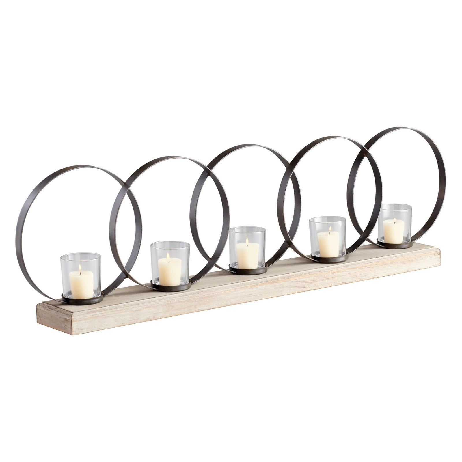 Modern Geometric 39'' Raw Iron & Natural Wood 5-Candle Candelabra