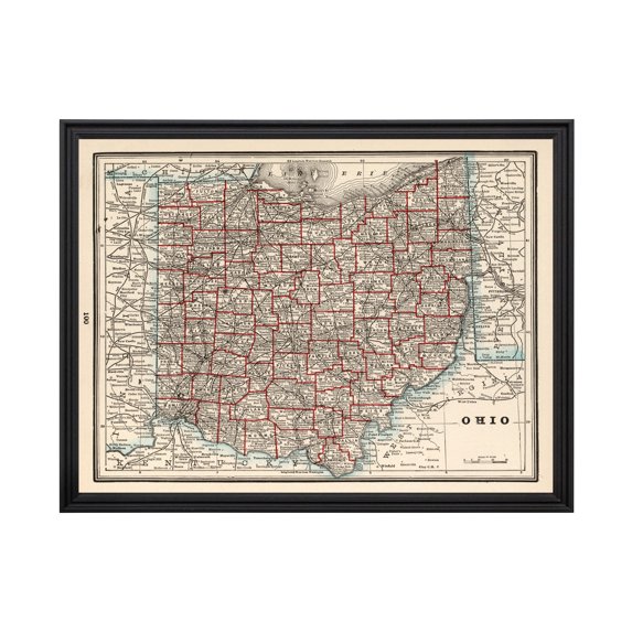 Ohio Art, 1893 Vintage Map of Ohio History Wall Decor Gift, Old Ohio Map - 24" x 18" Black Framed Print