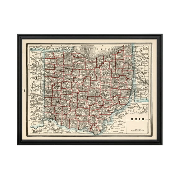 Ohio Art, 1893 Vintage Map of Ohio History Wall Decor Gift, Old Ohio Map - 24" x 18" Black Framed Print
