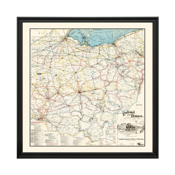 Ohio Art, 1914 Vintage Map of Ohio History Wall Decor Gift, Old Ohio Map - 24" x 24" Black Framed Print