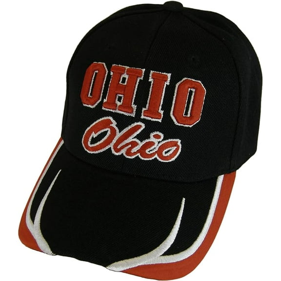Ohio Block and Script Lettering Baseball Cap with Embroidered Bill (Black/Red)