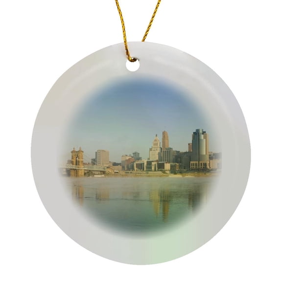 3drose, Ohio, Cincinnati Skyline on the Ohio River - Us38 Wbi0029 - Walter Bibikow, Circle Porcelain Ornament