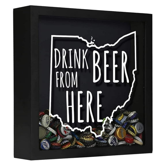 Torched Ohio Beer Cap Shadow Box Wall Mount Decor Art 13"x13"x3" Black
