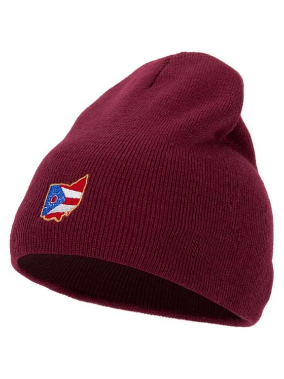 Ohio Map State Flag Embroidered 8 Inch Knitted Short Beanie - Maroon OSFM