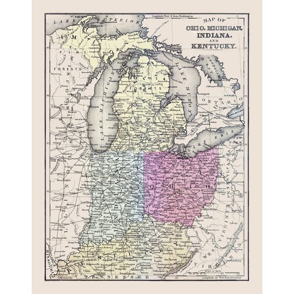 Ohio, Michigan, Indiana, Kentucky - Mitchell 1877 Poster Print by Mitchell Mitchell (24 x 36) # USMW0006