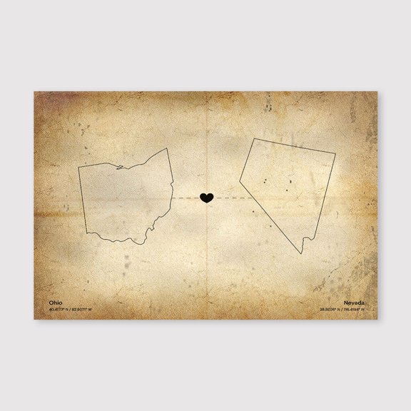 Ohio to Nevada State Connection Map Canvas Wall Art 8x12 inch -Ohio to Nevada State Connection Map Distressed Vintage Canvas Decor for Farmhouse Wall Decoration