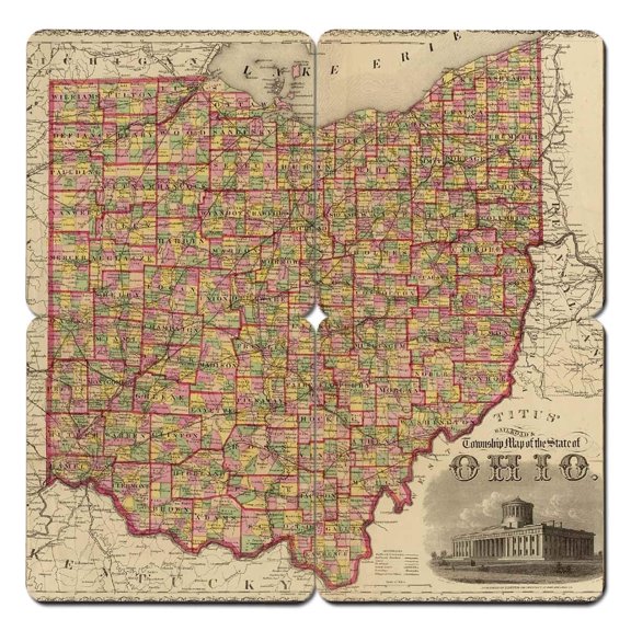 Torched Drink Beer Coaster Ohio Old World Map 4"x4" Multicolor