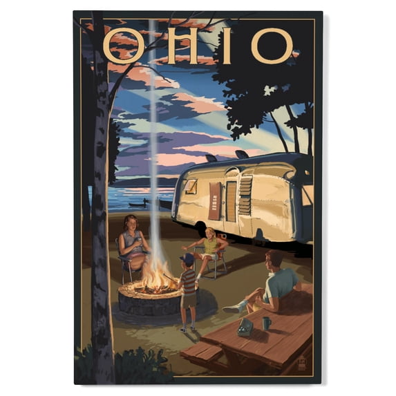 Ohio, Retro Camper and Lake Birch Wood Wall Sign (12x18 Rustic Home Decor, Ready to Hang Art)
