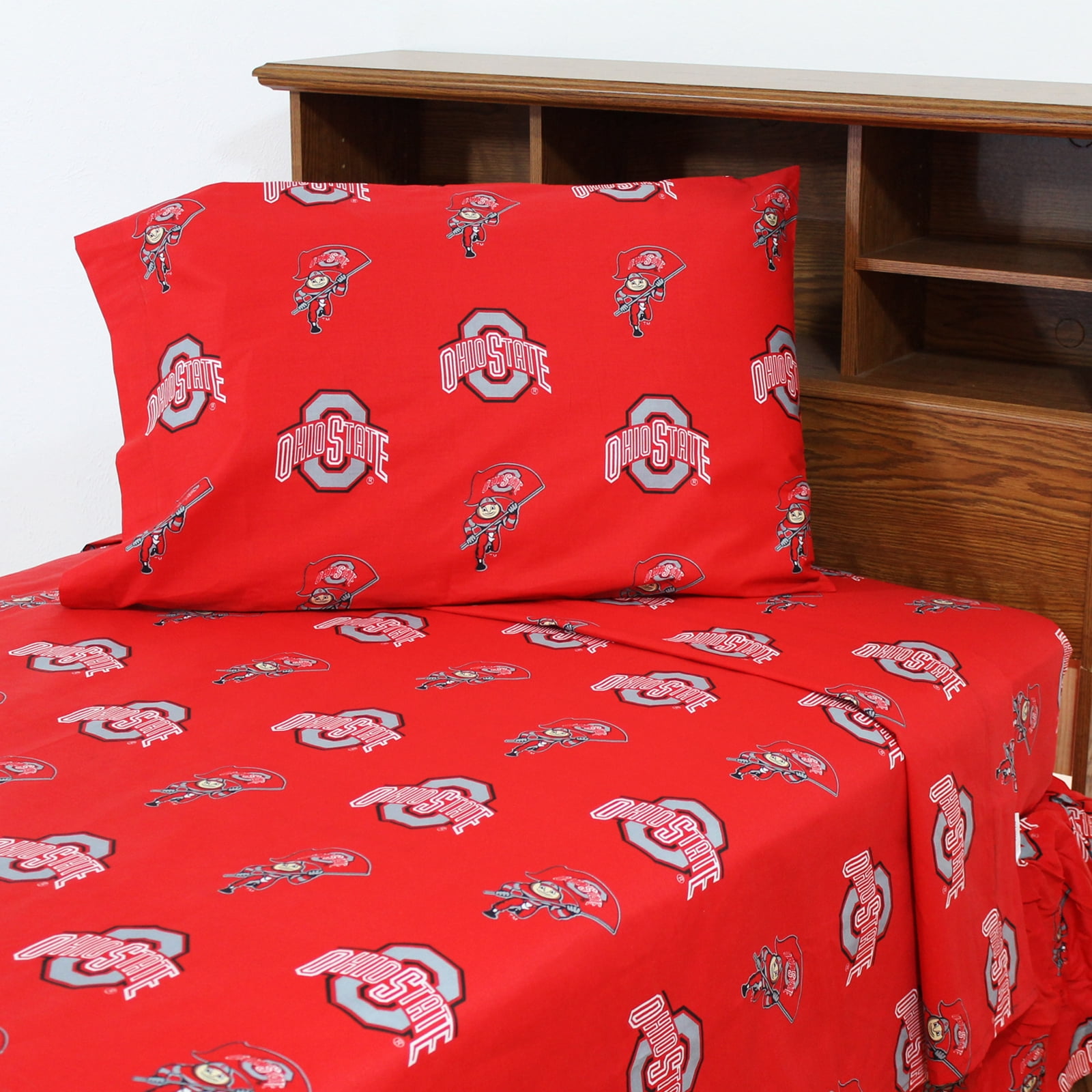 Ohio State Buckeyes 100% cotton, 3 piece sheet set - flat sheet, fitted sheet, 1 pillow case, Twin, Team Colors