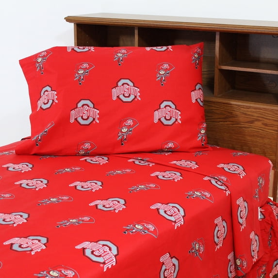 Ohio State Buckeyes 100% cotton, 4 piece sheet set - flat sheet, fitted sheet, 2 pillow cases, King, Team Colors