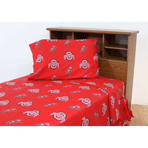 Ohio State Buckeyes 100% cotton, 4 piece sheet set - flat sheet, fitted sheet, 2 pillow cases, Queen, Team Colors