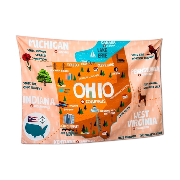 Ohio Map Wall Tapestry for Kids – 60x39" Educational State Decor – Lightweight Hanging Canvas for Classrooms, Homeschool, or Playrooms by Birdy Boutique