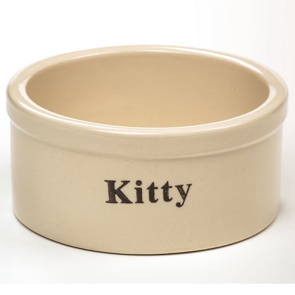Beige Stoneware Cat Food Crock Bowl Feeder Dish