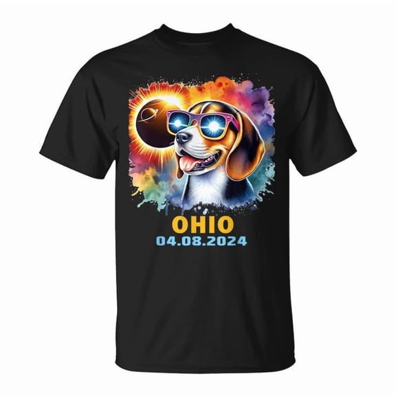 Ohio Total Solar Eclipse 2024 Graphic Tee – Colorful Beagle Dog Cotton T-Shirt for Adults, Astronomy Event Souvenir Outfit, Size 3XL, Color Black