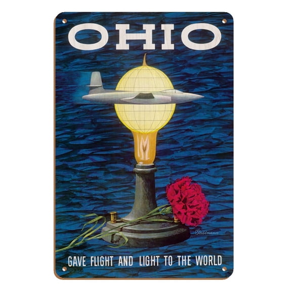 Ohio USA - Gave Flight and Light to the World - Birthplace of Thomas Edison Wright Brothers - Vintage Travel Poster by Robert Geissmann c.1960s - 8 x 12 inch Vintage Wood Art Sign