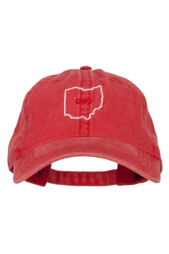 Ohio with Map Outline Embroidered Washed Cotton Twill Cap - Red OSFM