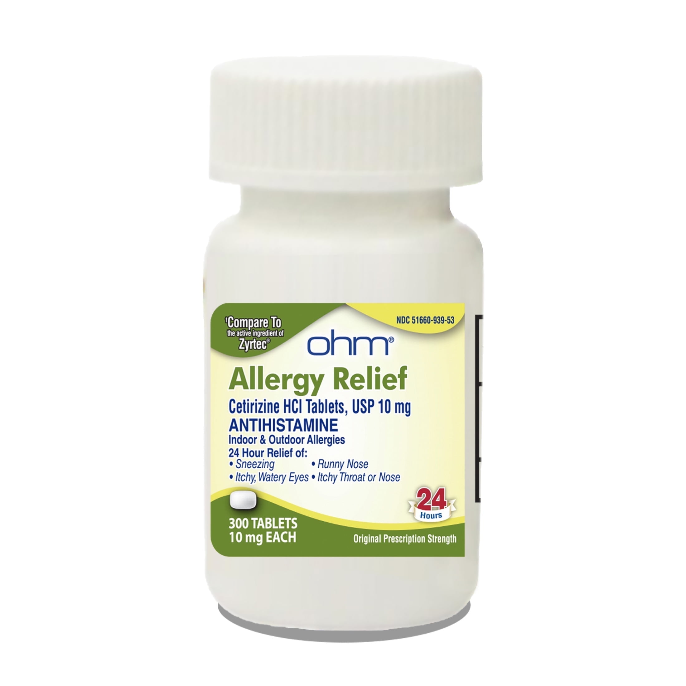 Ohm 24-Hour Antihistamine Cetirizine HCl 10 mg Tablets, 300 Count All-Day Allergy Relief for Itchy Eyes, Runny Nose, Hay Fever, Pollen, and Indoor & Outdoor Allergies