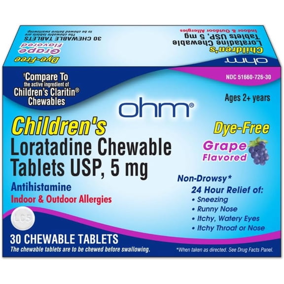 Ohm Children's Allergy Medicine, Loratadine 5mg, Chewable Tablets (30 Count) Grape Flavor, Non-Drowsy Antihistamine, 24-Hour Allergy Relief for Runny Nose, Watery Eyes, Itchy Throat & Nose